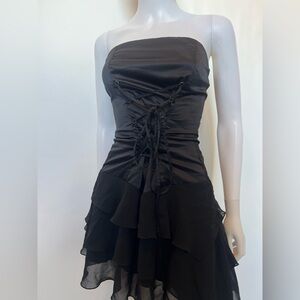 Y2K Black Strapless Corset‎ Mini Dress with Asymmetrical Ruffle Hem Size 6